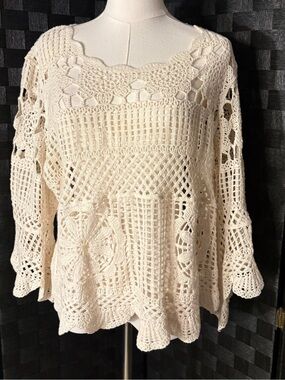 Cream Crochet Openwork Scoop-Neck Sweater
